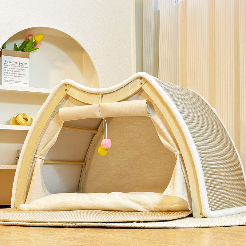 Wooden Cat Tent House with Scratching Surface